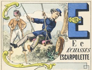 E : echasses, escarpolette - Games Alphabet, ca. 1890 (illustrasjon) av Unbekannt