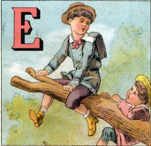 E-bokstaver: gutt i balanse på en tregren. Gravering i "Alphabet des petits ecoliers". Avbildning av Epinal, ca. 1885. Privee Collection av Unbekannt