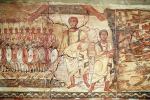 Exodus og kryssing av Rødehavet, freskomaleri fra synagogen i Doura (Dura) Europos, 244-245, og oppbevart på Nasjonalmuseet i Damaskus. Bilde tatt på det jødiske museet i New York under en utstilling. av Unbekannt