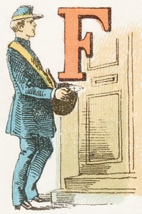 F - Postmann - gravering i: Barnealfabetet. Gordinne utgaver, ca 1920. Mål: 16,3 x 10 cm. av Unbekannt