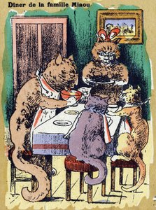 Familiemiddag mjau. Illustrert alfabet. Bilder gjenforent i Jarville-Nancy, begynnelsen av det 20. århundre. Mål: 40 x 29 cm. Litografi på bistre bakgrunn av Unbekannt