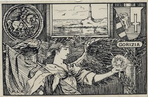 Første verdenskrig (1914-1918): Italiensk patriotisk postkort for vedlegget av Gorizia til Italia av Unbekannter Künstler