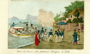 Første ankomst til den portugisiske bosetningen i Dille, Timor, nå Dili, Øst-Timor av Unbekannt