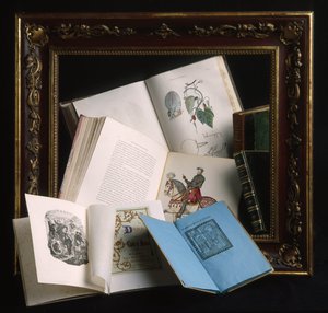 Ramme i lakkert tre burgunder farge og dekorasjoner med pregede motiver av gull, sent på 1800-tallet. Ulike åpne bøker: anatomisk atlas med håndfargede tavler. av Unbekannt