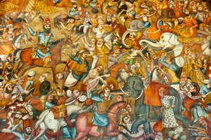 Fresco; slag; slaget ved Nadir Shah i slaget ved Karnal; 1739; på en hest; mot Sultan Mohammed Shah Gurkani på en hvit elefant; Chehel Sotoun; Forti Pilars Palace; Isfahan; Iran; Asia av Unbekannt