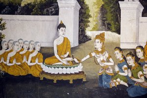 Fresco som viser en scene fra Buddhas liv i Wat Phra Doi Suthep, Chiang Mai. Buddha mottar almisser. Thailand av Unbekannt