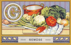 G: Grønnsak - Alfabet Palmine. Serie med kromolitografier redigert av H. Schlinck & Cie, Hamburg, s. d. . Annonse for Palmins fineste kokosfett. Mål: 7 x 11 cm av William M. Timlin