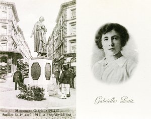 Gabrielle Petit og monumentet reist til hennes ære i Brussel, minnekort, ca. 1925 (litho) av Unbekannter Künstler