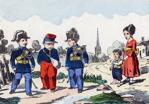 Gendarmer. Gravering i "Barnas militæralfabet"". Bilder av Pont-a-Mousson, ca 1890. 20 sider. Sol: 28,5x21cm av Unbekannt