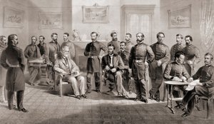 General Ulysses S. Grant (sittende midt til høyre) og general Robert E. Lee (sittende midt til venstre) med sine respektive ansatte ved Appomattox Courthouse, Virginia hvor general Lee overga Army of North Virginia og dermed avsluttet den amerikanske borge av Unbekannt
