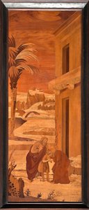 Genova, Duomo (St. Lawrence-katedralen), inne, apsis, kor, nordsiden: "Døperen Johannes tar permisjon fra familien sin", tre intarsia av Vincenzo e Tommaso Garassino (XIX århundre) av Unbekannter Künstler