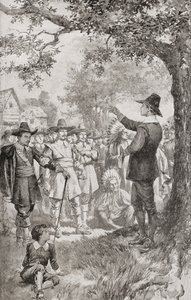 George Fox preker for en folkemengde i Maryland, Amerika i 1671 under et fire dager langt møte for lokale kvekere. George Fox av Unbekannter Künstler