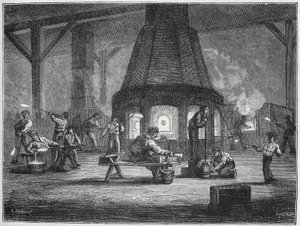Glassproduksjon i andre halvdel av 1800-tallet: barn arbeider, ca. 1880 (gravering) av Unbekannter Künstler