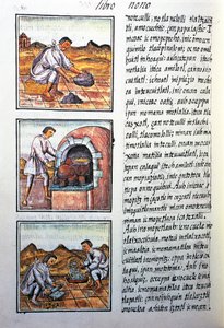 Gullbehandling av spansk, tekst i Nahuati, fra faksimile av manuskript General History of Things of New Spain, også kjent som Florentine Codex, av Bernardino de Sahagun av Benjamin Baud
