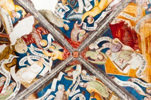 Gotisk freskomaleri; ros av dyden; sensur av last; med skriving; 10. kloster; Katedral; Brixen; Sør-Tirol; Italia; Europa av Unbekannt