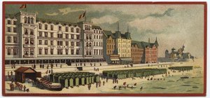 Grand hotels: utvendig utsikt over Hotel de la Plage i Oostende, Belgia - Kart over en serie som presenterer hotellene til "Compagnie Internationale des Grands Hotels", sent 1800-begynnelsen av 1900-tallet av William M. Timlin