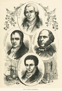 Store ingeniører og oppfinnere: James Watt, John Ericsson, Robert Fulton, Richard Trevithick, ca. 1880 (s/hvitt-bilde) av Unbekannt