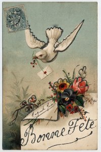 Gratulasjonskort: en fugl bringer et forseglet brev - Postkort datert 1906 av Unbekannt