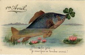 Gratulasjonskort for 1. april: fisk med fireblads trefle - Postkort sent på 1800- og 1900-tallet av William M. Timlin