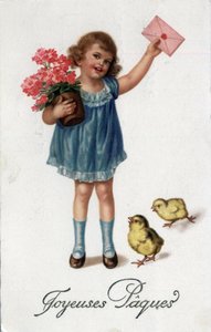 Gratulasjonskort til påske: en liten jente som tar med et forseglet brev ledsaget av to kyllinger - Postkort sent på 1800- og 1900-tallet av Unbekannt