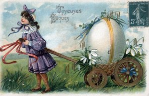 Gratulasjonskort til påske: en liten jente fanger et gigantisk egg i en vogn - Postkort sent på 1800- og 1900-tallet av William M. Timlin