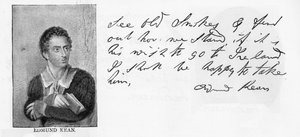 Håndskrift og signatur av Edmund Kean (penn og blekk på papir) av Unbekannt