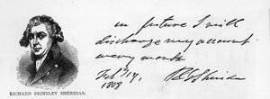 Håndskrift og signatur til Richard Brinsley Sheridan av Unbekannt