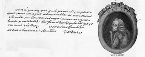 Håndskrift og signatur av Voltaire, fra et brev skrevet i Colmar til den franske ministeren ved hoffet til Fredrik den store i Berlin, Chevalier de la Touche, 3. mars av Unbekannt