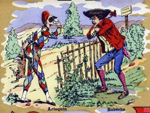 Harlekin og Bobeche . Illustrert alfabet. Bilder gjenforent i Jarville-Nancy, begynnelsen av det 20. århundre. Mål: 40 x 29 cm. Litografi på bistre-bakgrunn av William M. Timlin