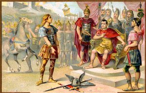 Historie. Antikkens Roma. Vercingetorix (høvding for en gallisk stamme: Averni) overgir seg til Julius Caesar i Alesia, 52 f.Kr. Bilder, Frankrike, ca. av Unbekannter Künstler