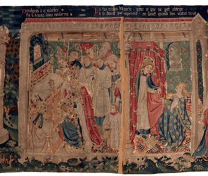 Historien om Saint Piat og Saint Eleuthère, også kalt billedvev av Arras. Bestilt fra kanon Toussaint Prier, kapellan for hertugen av Burgund, sent på 1300-tallet - begynnelsen av 1400-tallet. 22m x 2m. Detalj (teppe) av David Mosé