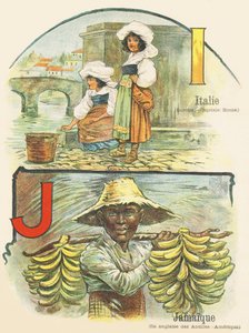 I J: Italia, Jamaica - ABC for de to verdener. Emile Guerin, forlegger, Paris, rundt 1900. Mål: 27,5 x 21,5 cm av Unbekannt