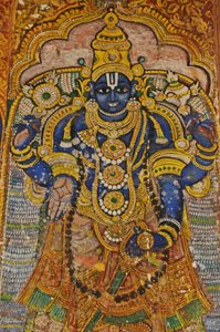 India, Tamil Nadu, Srirangam, Sri Ranganathasvami hinduistiske tempel (opprinnelig 10. århundre), veggmaleri av Vishnu. av Unbekannt