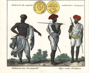 Indiske kostymer: en mann fra Coromandel-kysten og to soldater fra Mysore (eller Maissour). Med en gullmynt fra East India Company. Litografi til boken: «Galerie complete en tableaux fideles des peuples d#39;Asie» av Friedrich Wilhelm Goedsche (178 av Unbekannter Künstler