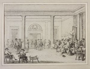 Interiør på børsen, ca. 1790 (radering) av Unbekannt