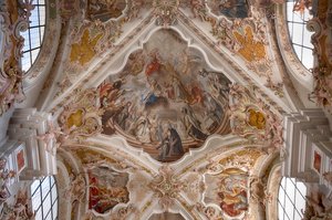 Interiørfotografi av takfreskomalerier, takmaleri, klosterbasilika, klosterkirke, augustinske kanonkloster, Neustift kloster, også kloster, Vahrn nær Brixen, Bressanone, Sør-Tirol, Italia, Europa (bilde) av Unbekannter Künstler