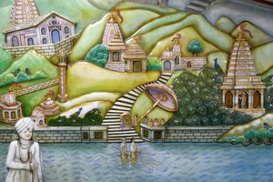 Jalaram Prathna hinduistiske tempel, Leicester. Kunstverk som skildrer Jalarambapas liv. Storbritannia av Unbekannt