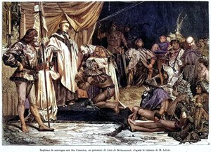 Jean de Bethencourt, normannisk gentleman, baron de Saint Martin le Gaillard, erobret og kristnet Kanariøyene i januar 1405, fra magasinet "Sur terre et sur mer"" nr. 28, 8. januar av Unbekannter Künstler