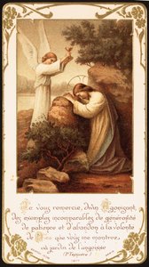Jesus kneler i bønn i Getsemane hage, en engel presenterer ham en kalk. Tidlig på 1900-tallet (postkort)