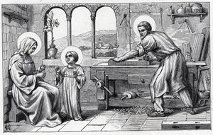 Jesus tjener Maria. Alfabetet til Jesusbarnet. Utgave av 1932. Treskjæringer signert H G. Privat samling av William M. Timlin