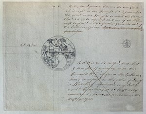 John Harrisons design for den "mindre klokken" nevnt av ham til Board of Longitude den 19. juni 1755, fra et sett med mekaniske notater og tegninger satt sammen av John Harrison (1693-1776) og hans sønn William (ca. 1726-72) (penn og blekk på papir) av Unbekannt