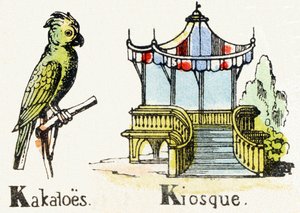 K - Kakatoes Kiosque - Child Entertainment Alphabet ca. 1890 (litografi) av Unbekannt