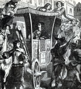 Kong Karl I hyller folkemengden etter det mislykkede forsøket på å arrestere de fem parlamentsmedlemmene John Pym, John Hampden, Denzil Holles, William Strode og Arthur Haselrig 4. januar 1642. 1800-tallet (gravering fra «Verdenshistorie») av Unbekannter Künstler