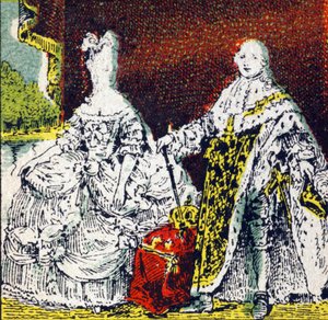 Kong Louis XVI av Frankrike og dronning Marie Antoinette . Gravering i "Histoire de France". Serie med reklamebilder publisert på vegne av Louit, 24 rue d'Eysines-a-Bordeaux, ca. 1920. Total bildestørrelse: 7,8x5,5 cm . av Unbekannt