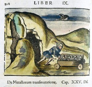 Gruven fra 1500-tallet: en mann dytter en vogn fylt med malm ved inngangen til en gruve av Unbekannt