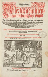 Malmanalyselaboratorium, med ovn, instrument og verktøy - Tittelside fra Beskrivelse av malmer og viktigste metoder for gruvedrift, av Lazarus Ecker - Alchemy & Early Chemistry Tittelside fra en bok om metallurgi av Unbekannt