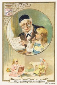 Leser med bestefar. Reklamekromolitografi som representerer en eldre person i en sirkulær ramme, en liten ved hans side. Nederst på bildet, en sittende liten jente omgitt av leker. Redigert av Compagnie Liebig, Paris, sent på 1800-tallet. Dimensjon av Unbekannt
