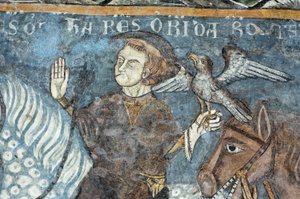 Legenden om grunnleggelsen av Abbey of Vezzolano: Kong Charlemagne (Karl I den store) (742-814) jaktet falk. Det ble sagt å ha opphavet til byggingen av klosteret. Freske av klosteret til klosteret Vezzolano. Piemont, Italia. av Unbekannt