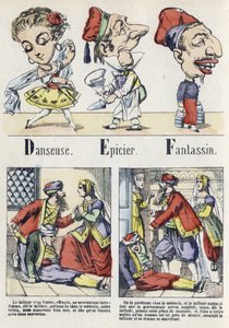 Bokstav D, E og F: danser, kjøpmann og infanteri. Alfabetet til den østlige fortellingen. Bildebehandling av Epinal, ca 1890. Populær serie. Lite hefte på 8 sider. Mål: 205x150mm. Sjablongerte tregraveringer over temaet metiers av Unbekannt