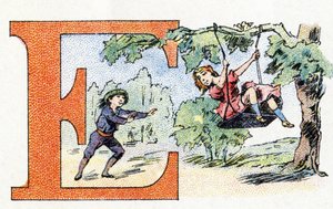Bokstav E: Scarpolette. Alfabetet til Phosphatine Falieres. Gravering. Brevete-alfabetet S.G.D.G. av farmasøyt Pierre Emile Falieres. Illustrasjoner i kromolitografi, slutten av 1800-tallet. 16 sider. Mål: 103x154mm av Unbekannt